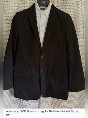 Boy’s size regular 18 IZOD white collared dress shirt and Black Blazer